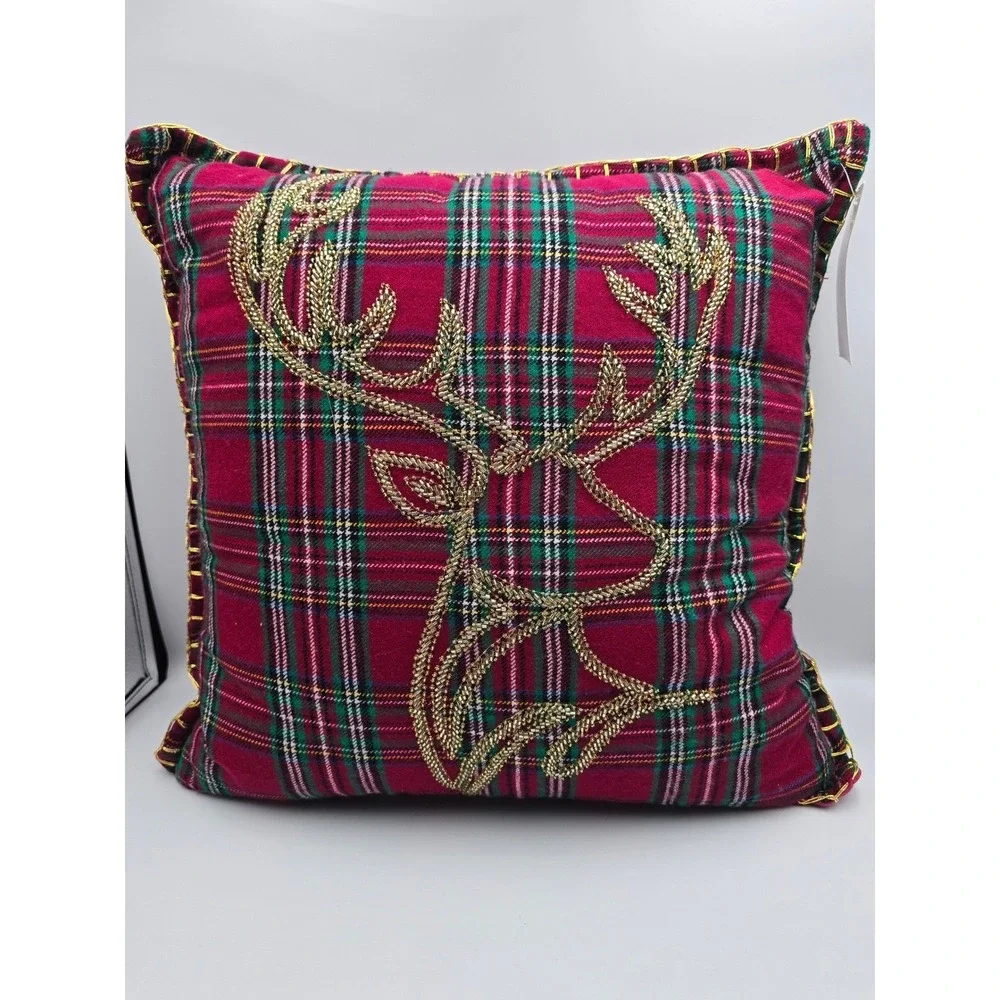 Biltmore Christmas Pillow Red Plaid Deer Antler‎ Beaded Decorative 18x18Set of 2